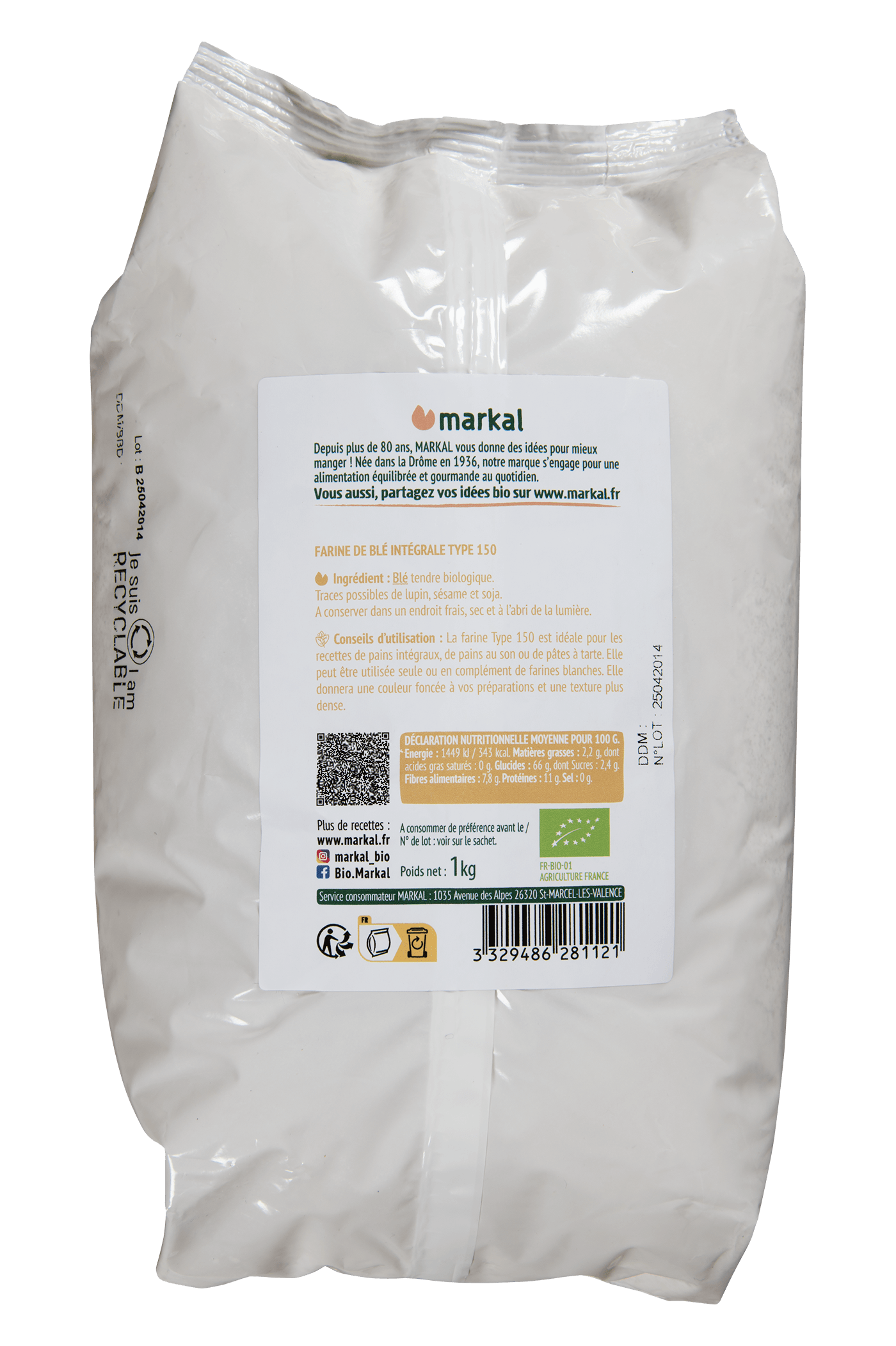 Farine de Blé Intégrale T150 Bio 1kg | Markal
